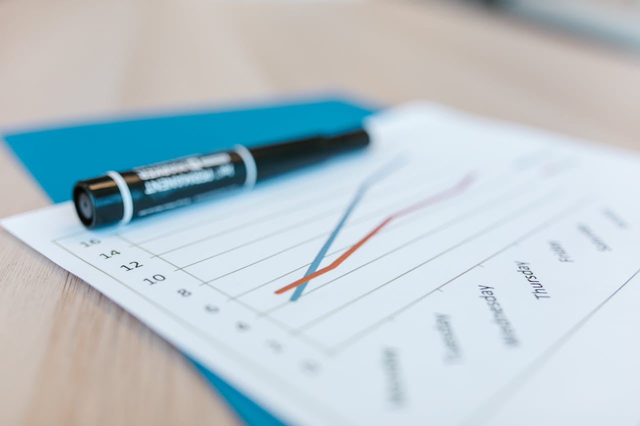 Dynamic line chart on paper with black marker on a desk, illustrating data trends.